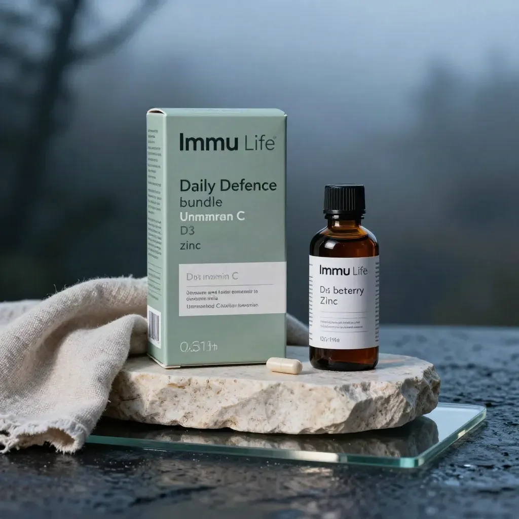 Immune support bundle with capsules, syrup and packs on stone in blue-hour mist.