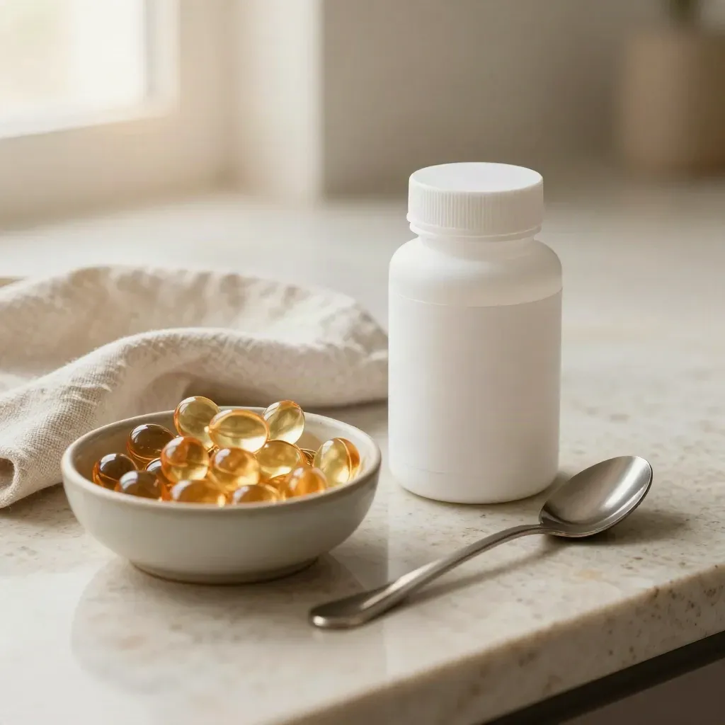 Vitamin D softgels bottle beside a bowl of capsules, linen cloth and steel spoon on limestone.
