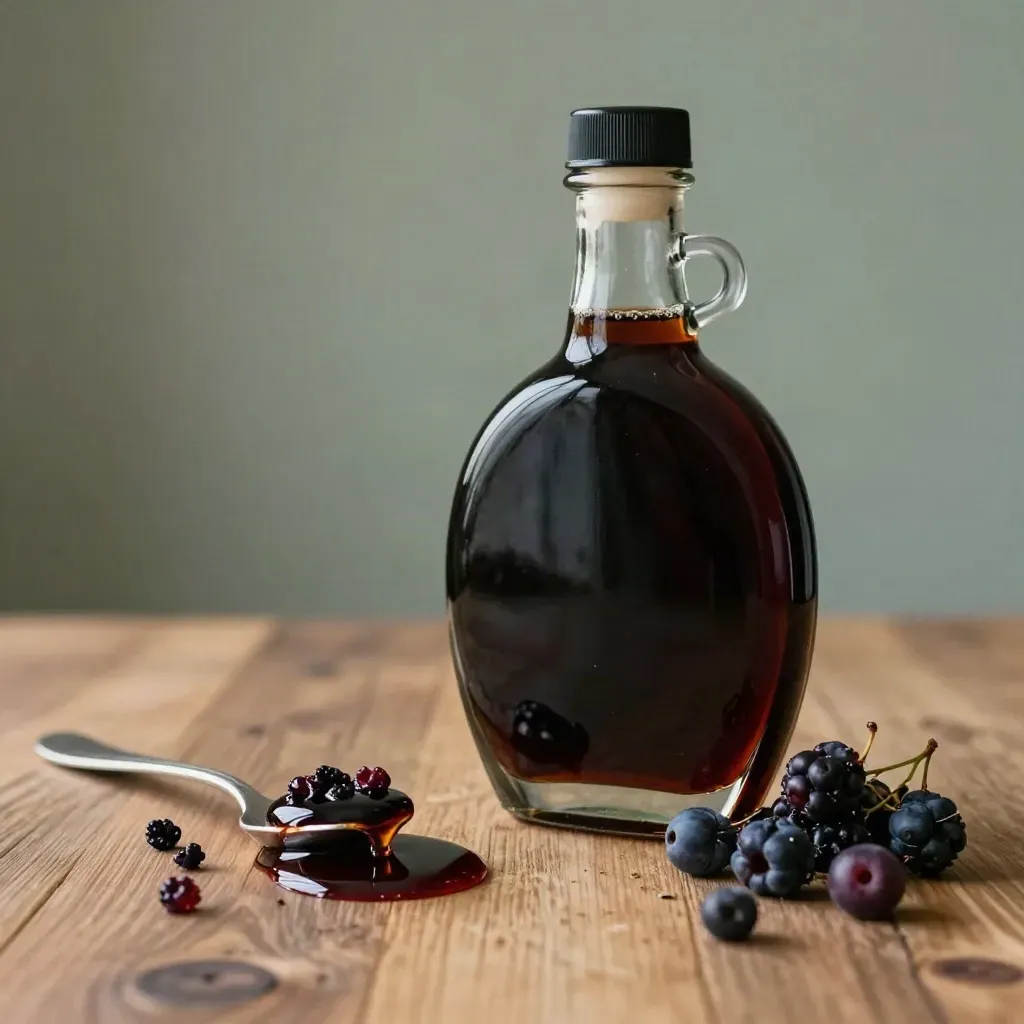 Dark syrup bottle with spoon and berries on raw wood, rim-lit and hazy.