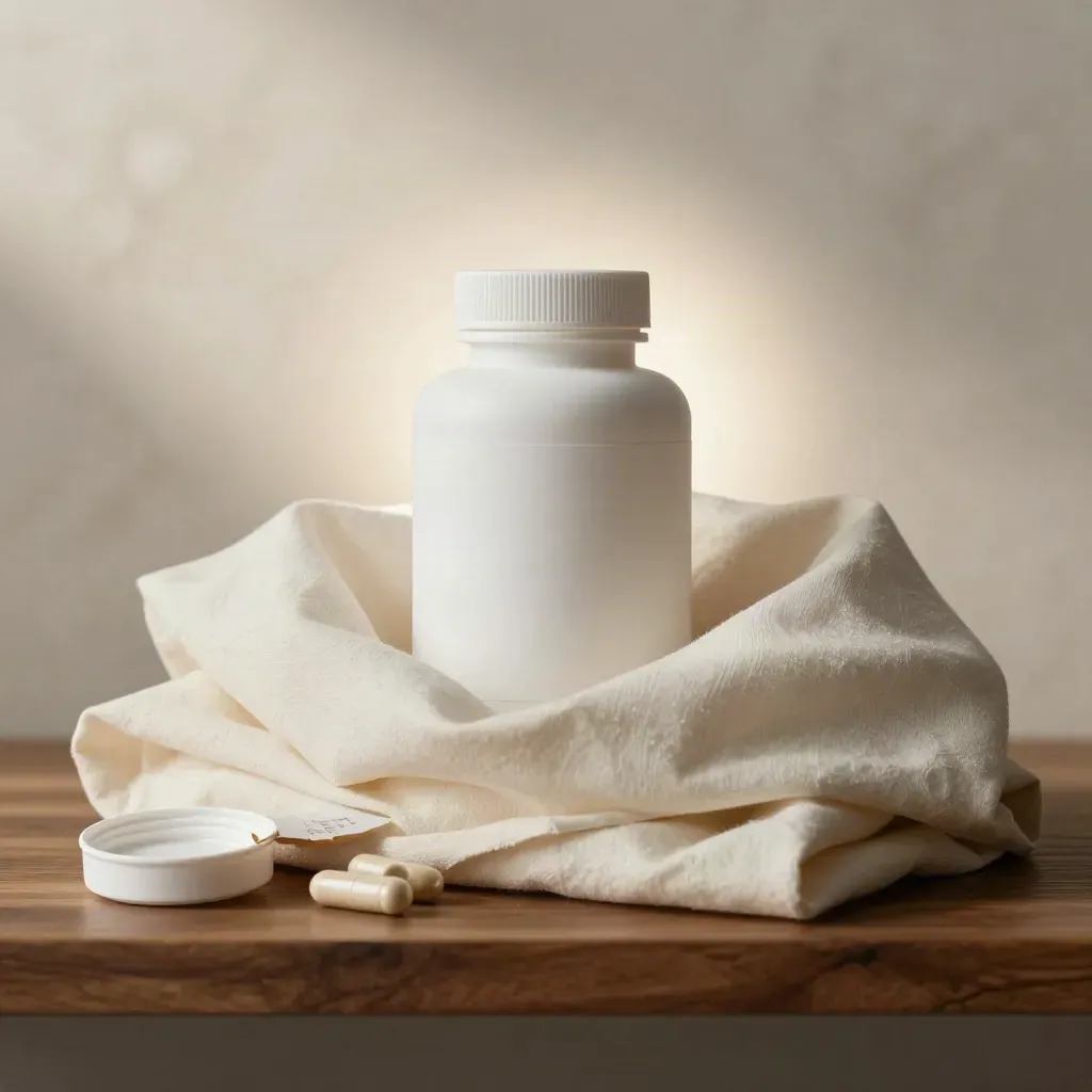 Matte probiotic bottle sunk in cream fabric with capsules and a paper seal