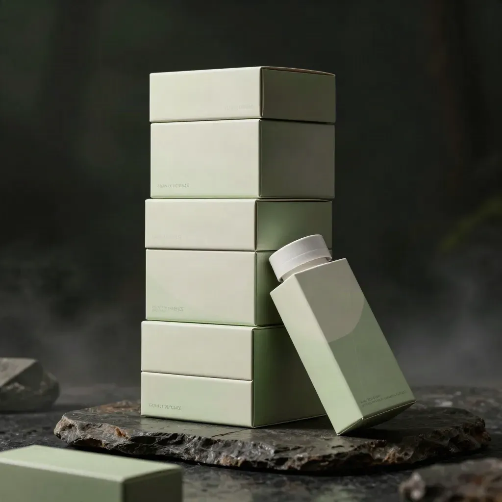 Unbranded supplement bundle stacked on dark stone with a dramatic green-tinted rim light.