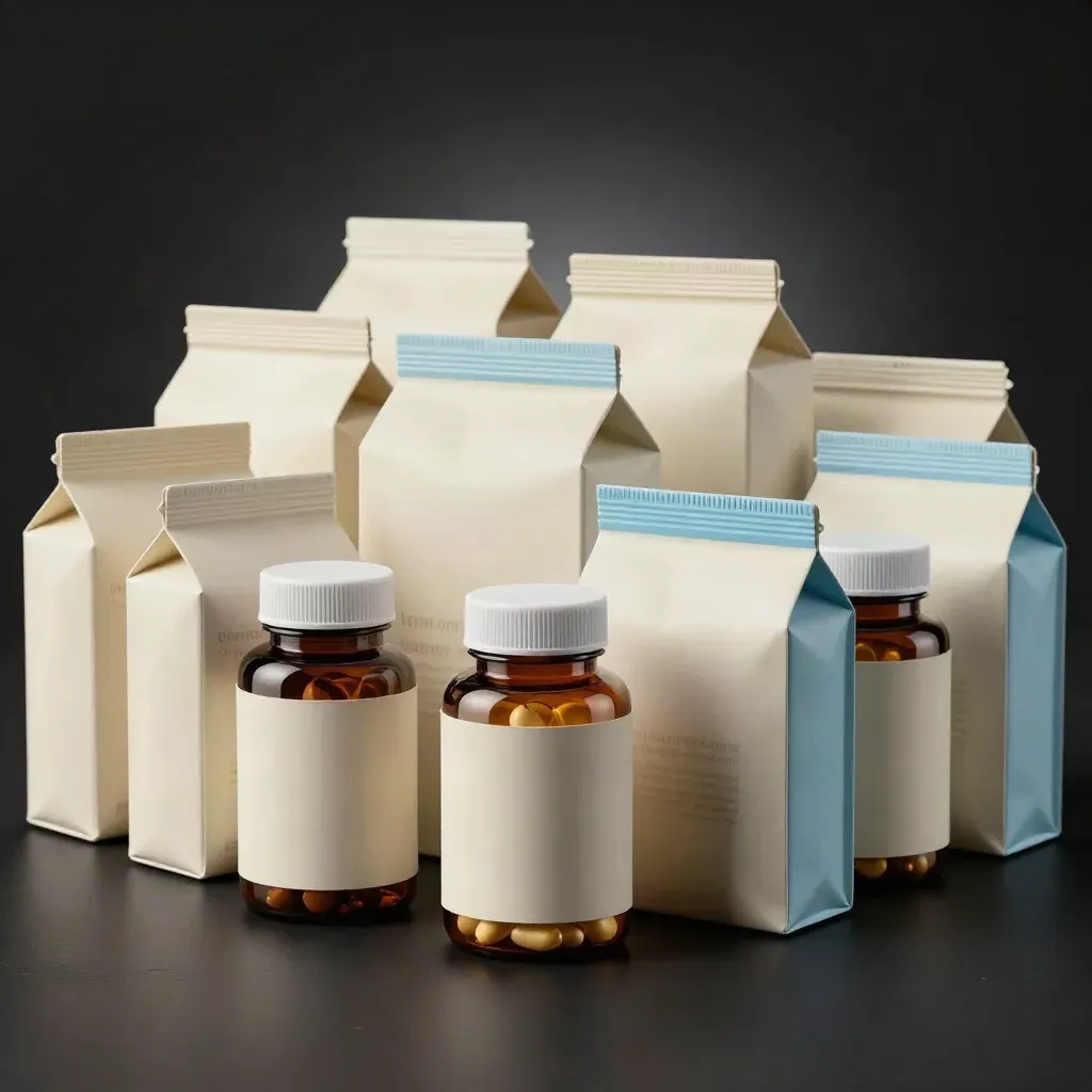 Saturated stack of immune support refill boxes and bottles on a dark studio surface.