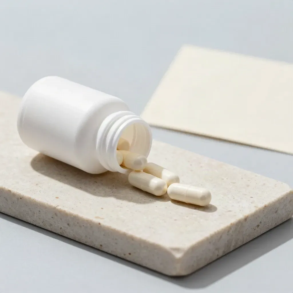 Overhead white vitamin C bottle with capsules in an arc on pale limestone.
