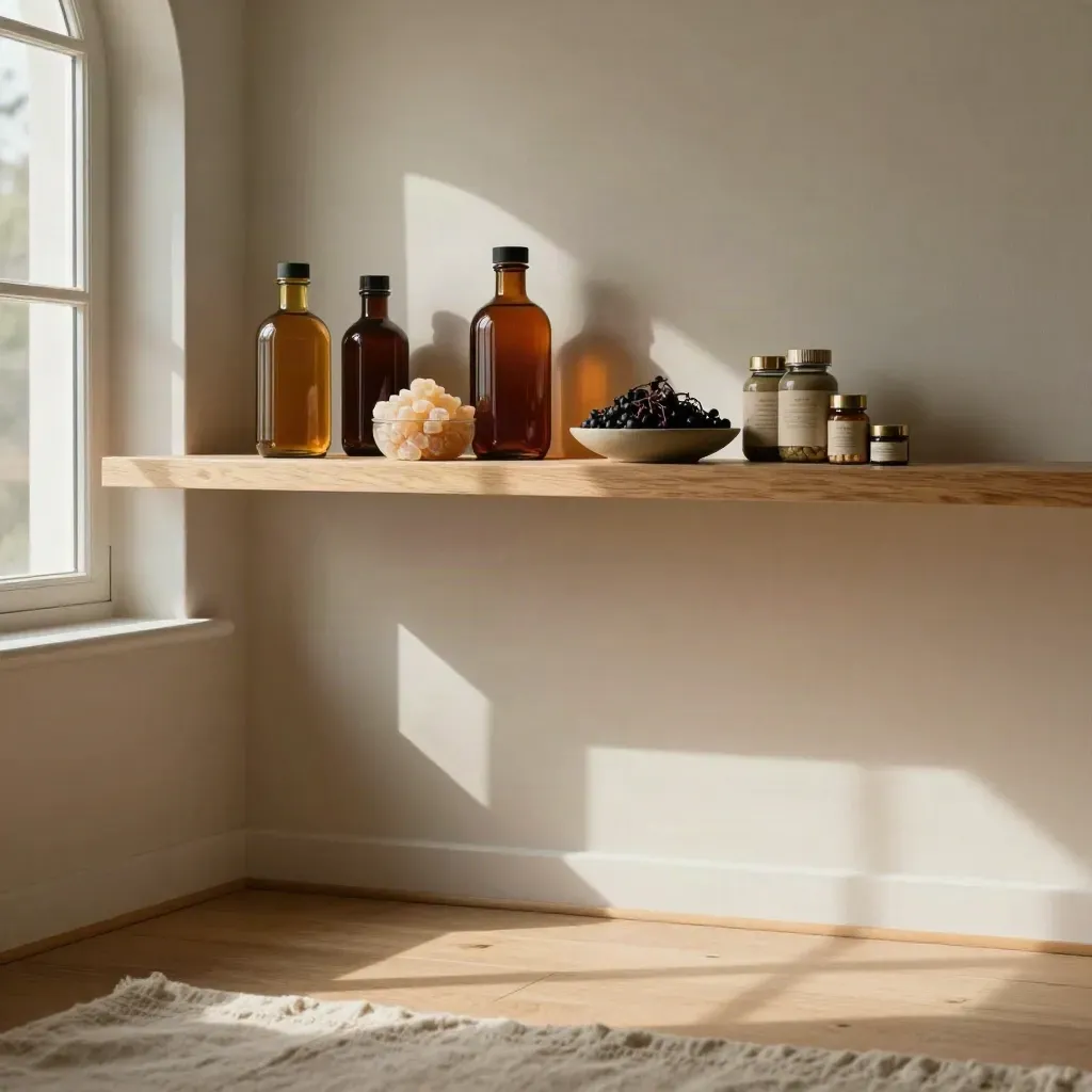 Sunlit oak shelf with elderberry syrup jars and gummies above calm plaster for copy